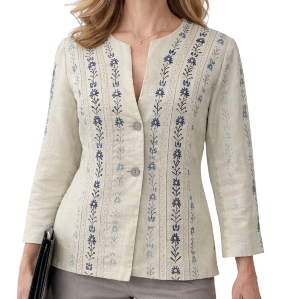 Sigrid Olsen Women's‎ Embroidered Fully Lined Linen Long Sleeve Blazer Size 8